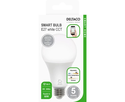 Deltaco Smart E27, WiFi, 9W, 2700K–6500K, dimbar, hvit