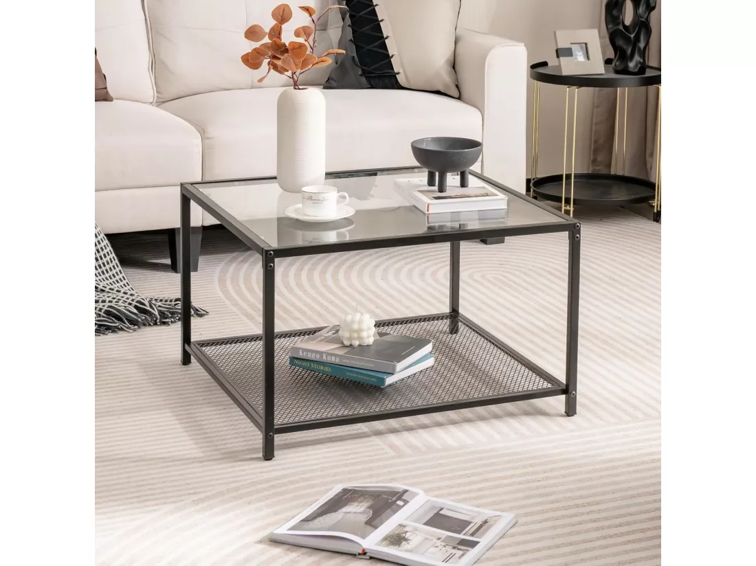 Table basse carrée, table basse verre avec étagère en maille, 70 x 70 x 45 cm transparent