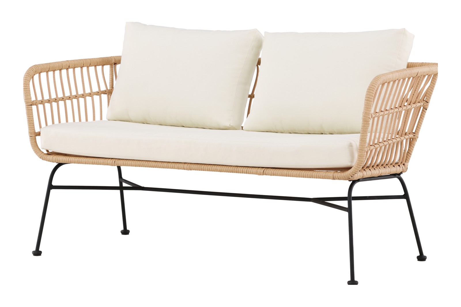 Isola utesofa Hagesofa med sortlakkert understell, naturrotting og beige puter.