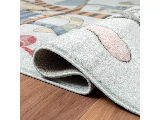 Tapis enfant 80x150 tissé gris et bleu motif animaux KIDCHIC