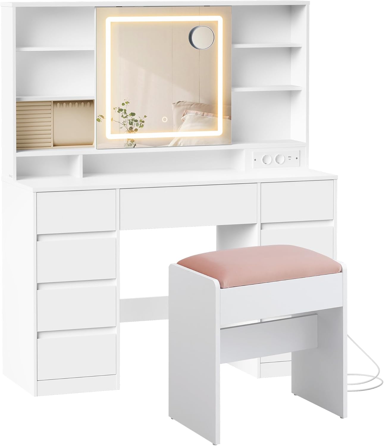 VASAGLE Kailyn Kollektion - Schminktisch mit Spiegel und LED-Leuchten, Hocker, Steckdosenleiste, 9 Schubladen, 10x Vergrößerungsspiegel, 3 Lichtfarben, werkzeuglose Gleitschienen, wolkenweiß