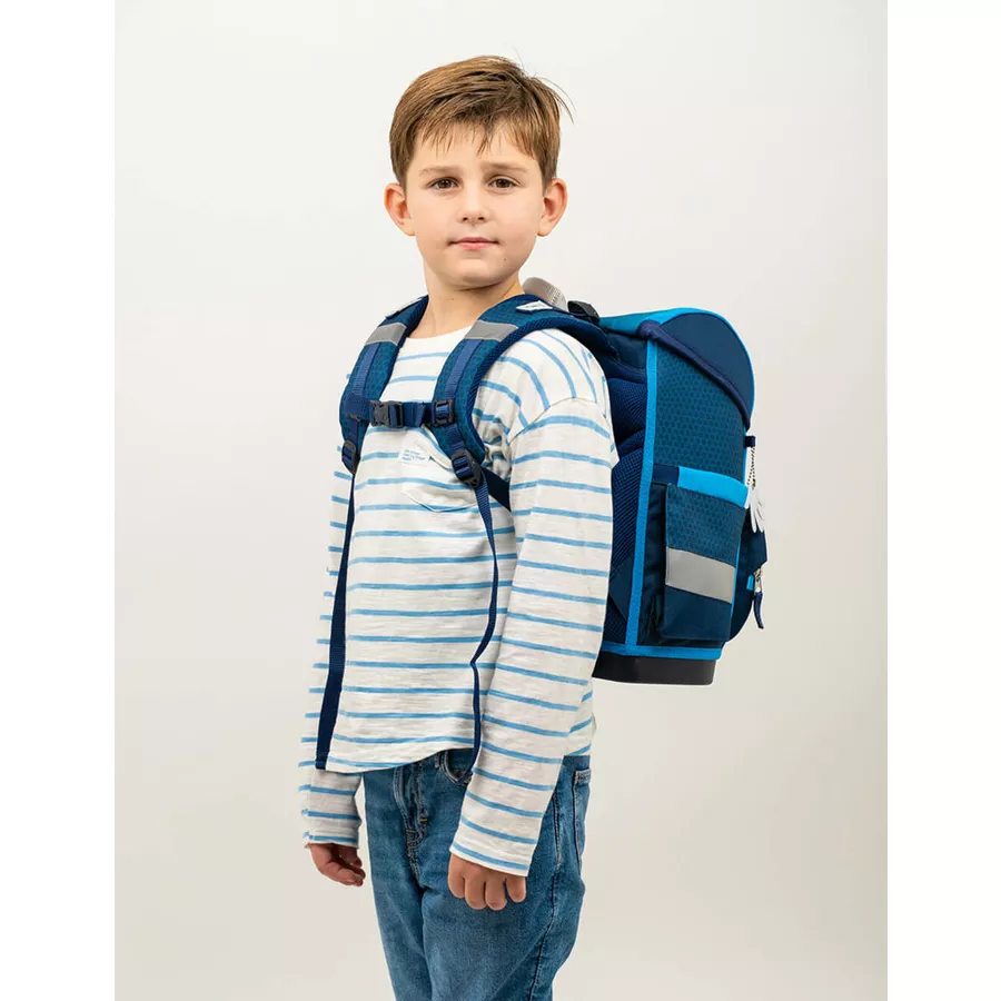 Belmil Schulranzen Compact Schulranzen Set 5-teilig mit Brustgurt Racing Blue Neon