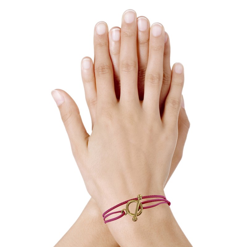 Bracelet Double Tour Plaqué Or Fermoir T et Lien en Cuir Coulissant - Fuchsia