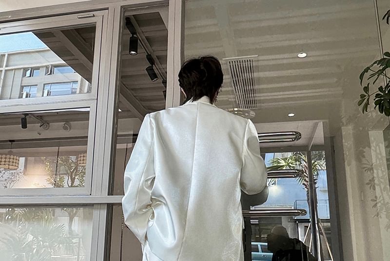 Patow - Set: Peak Lapel Plain Glossy Double-Breasted Blazer + Mid Rise Wide Leg Dress Pants