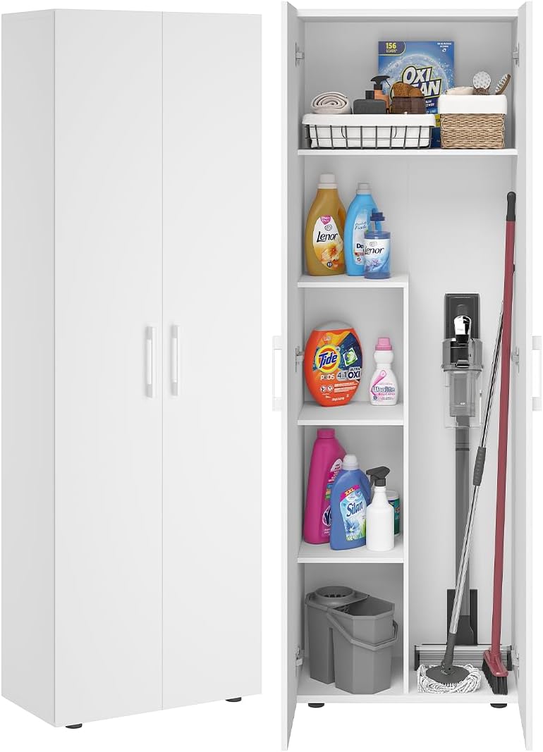 Bellamio Apol Besenschrank - Mehrzweckschrank in Weiß - Vorratsschrank mit Staubsaugerfach - Putzschrank aus Holz - Flurschrank mit Stauraum - Haushaltsschrank - Allzweckschrank 176x33x60 cm