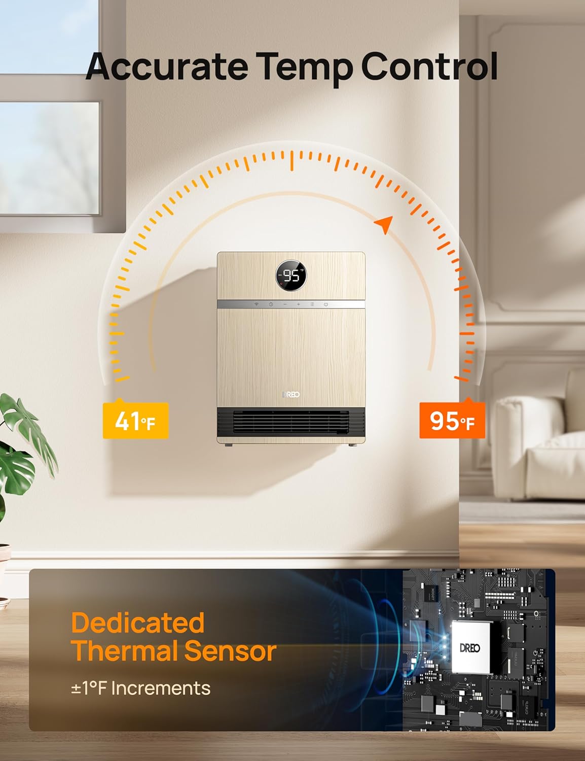 Dreo Chauffage mural intelligent - Fougère de sortie à 30° - 1500 W - Thermostat réglable - Télécommande - Minuterie - Chauffage Easy-Mount pour une utilisation en intérieur - Fonctionne avec Alexa