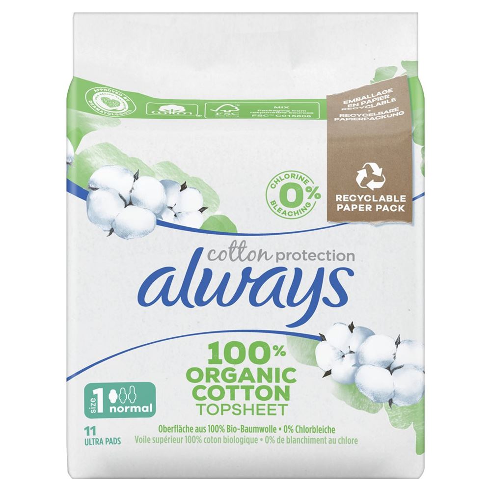 Always Ultra Binde Cotton Protection<br>11 Stück, Normal mit Flügeln Magic Paper