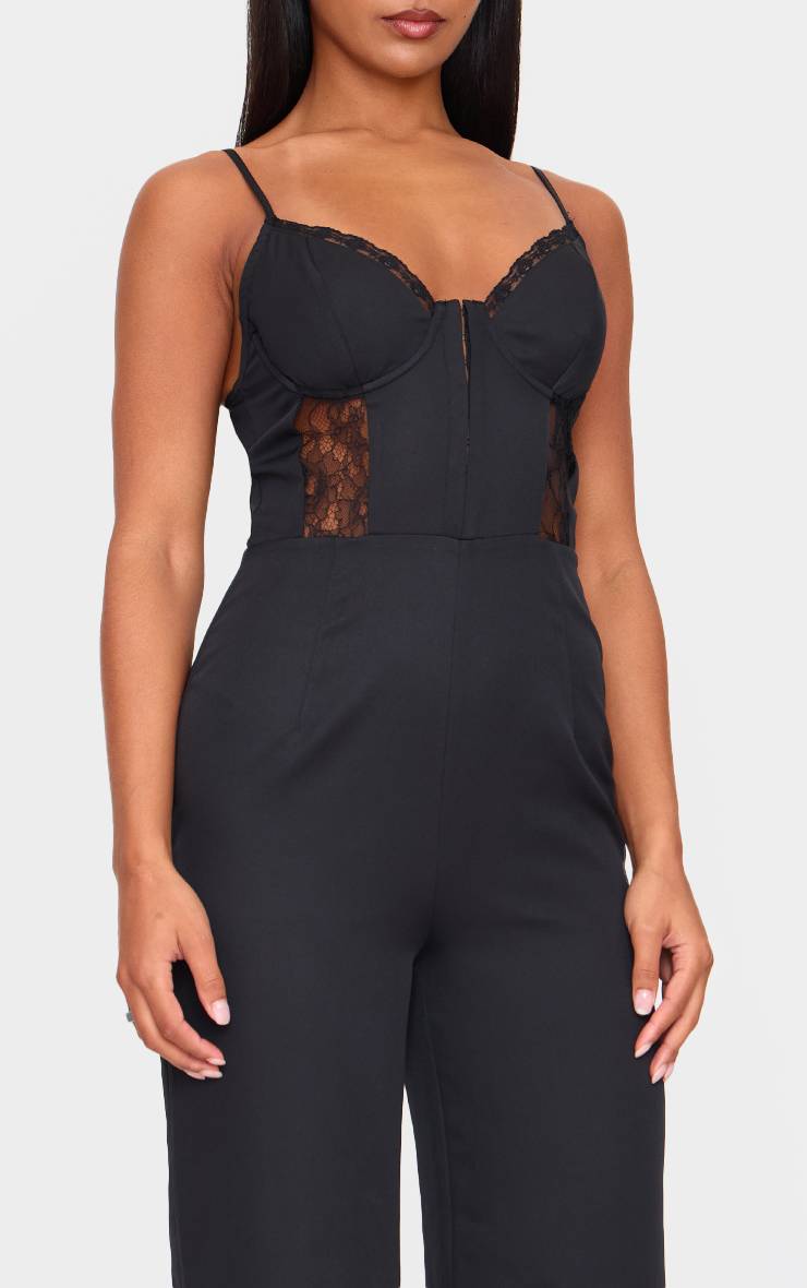 Noir Combinaison À Bretelles Avec Panneau En Dentelle Et Corset Tissé