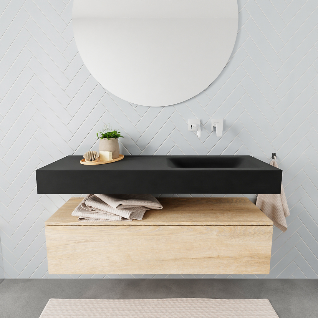 Zaro ALAN vrijhangende wastafel 120cm met wasbak Enkel rechts en onderkast in kleur washed oak 1 lade(s)
