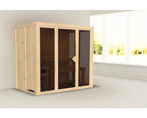 Elementsauna Karibu Iravos 3 zonder oven en gebronsde volledig glazen deur