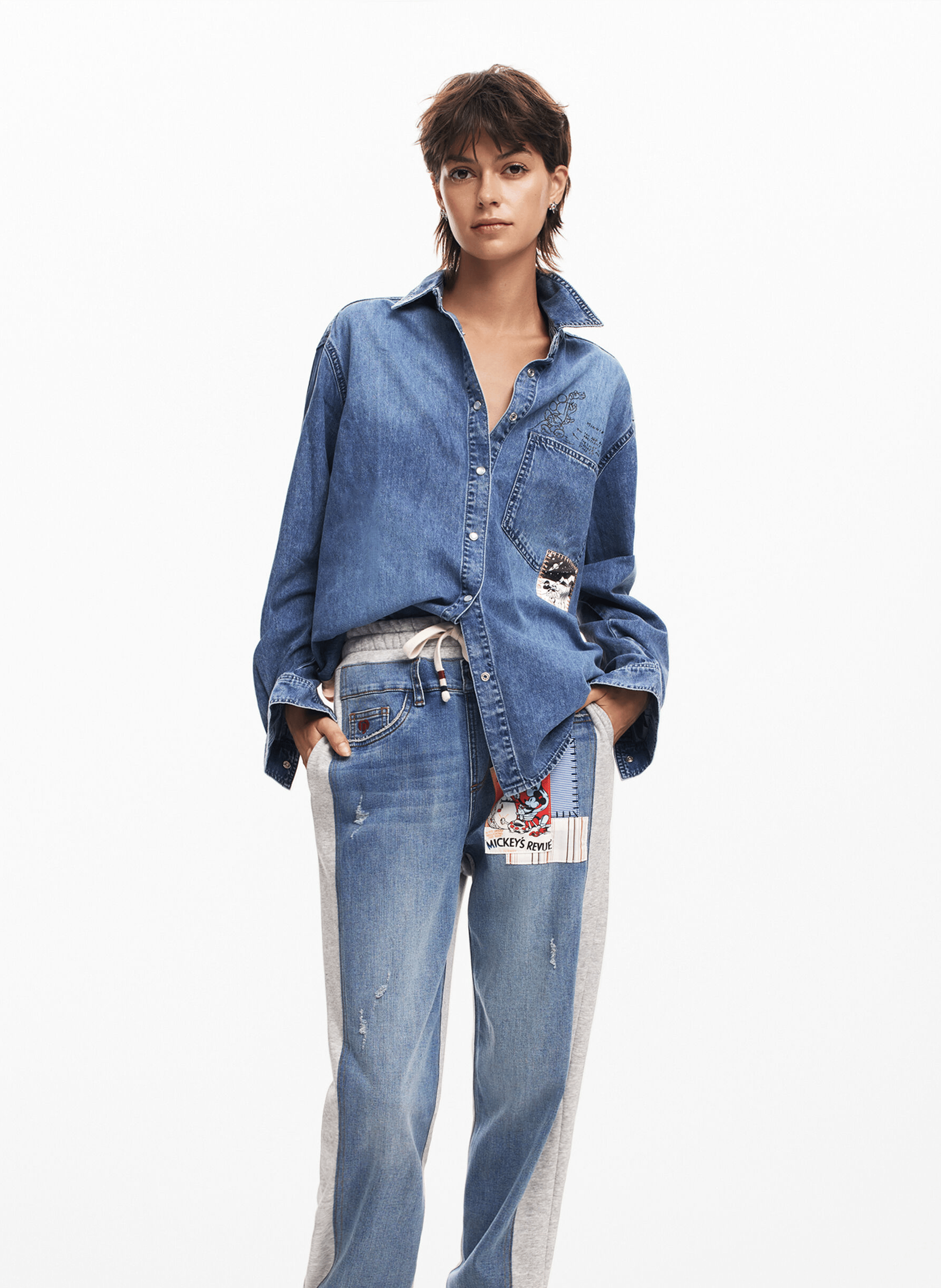 Pantalon jogger bi matière en coton mélangé | Bleu