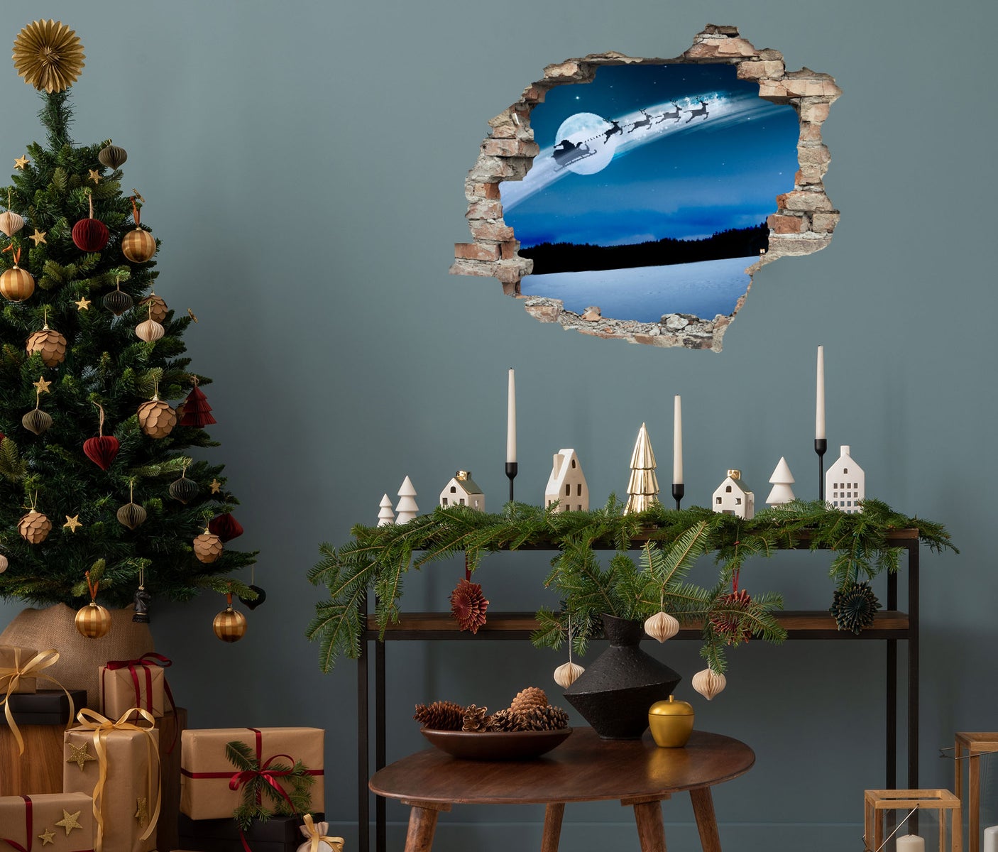 3D muursticker met zelfklevende sticker Kerstman in slee 's nachts WS16030_60x50 cm