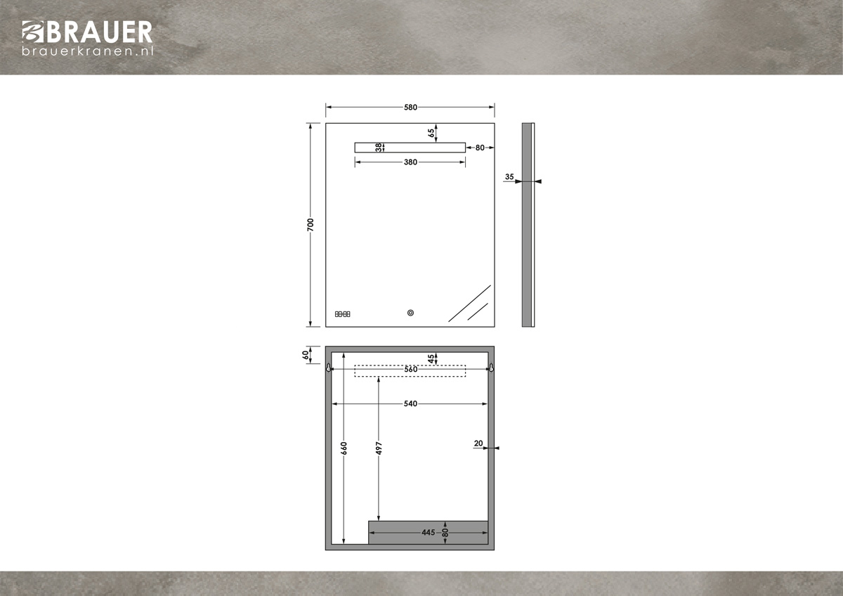 Brauer Quartz rechthoekige spiegel met verlichting 60x70cm