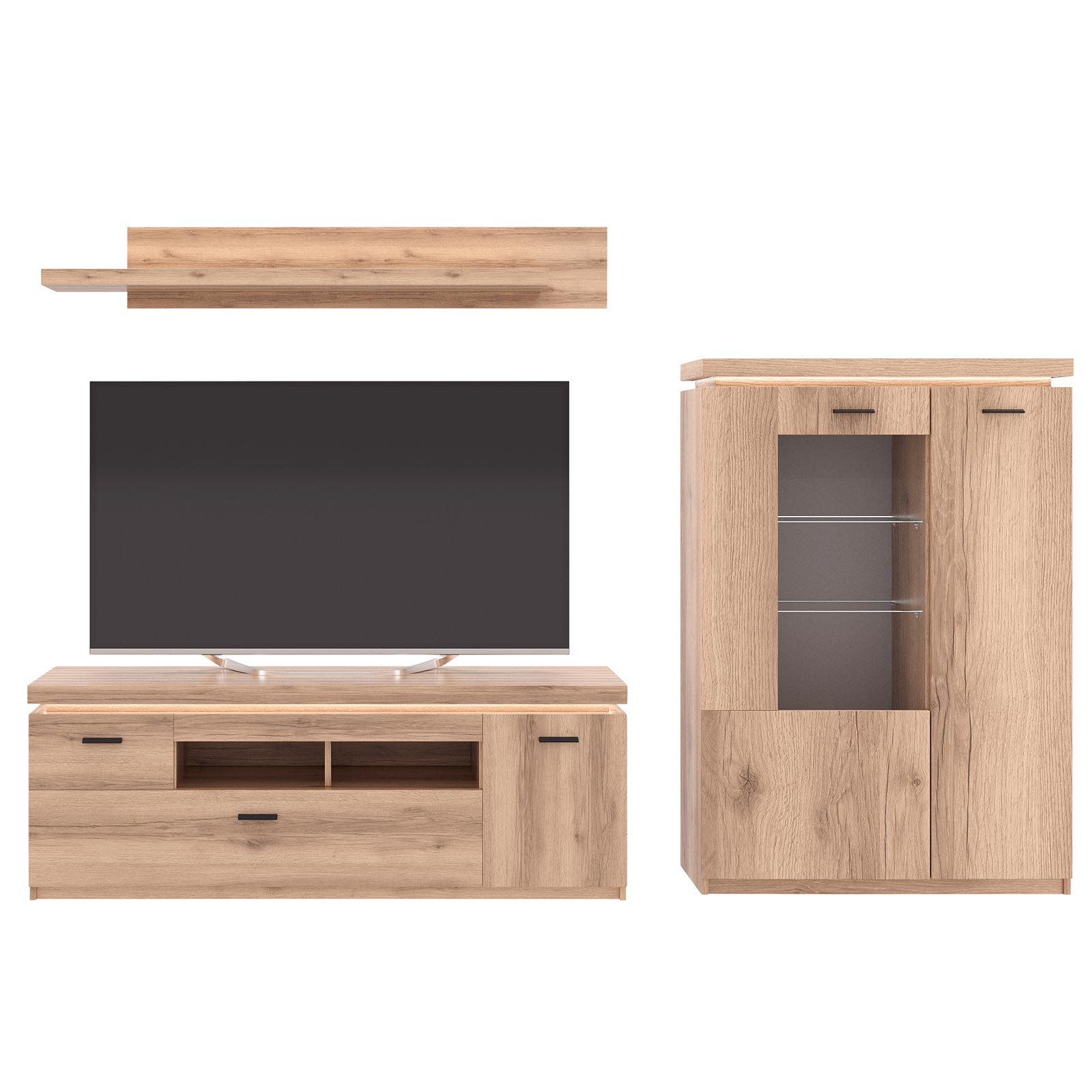 3-teiliges Wohnwand-Set - Viking Oak - mit LED-Beleuchtung