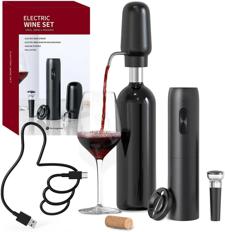 Ensemble de Tire Bouchon Électrique 4-en-1 avec Ouvre Bouteille Rechar