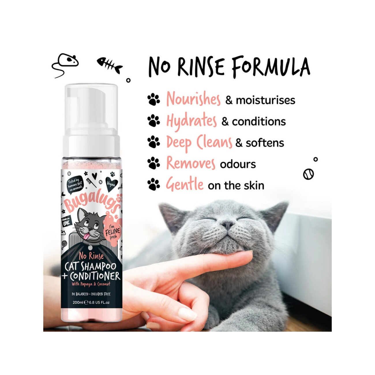 Bugalugs Katzen-Shampoo & Conditioner No-Rinse – Sanfte Reinigung und Pflege für empfindliche Katzen