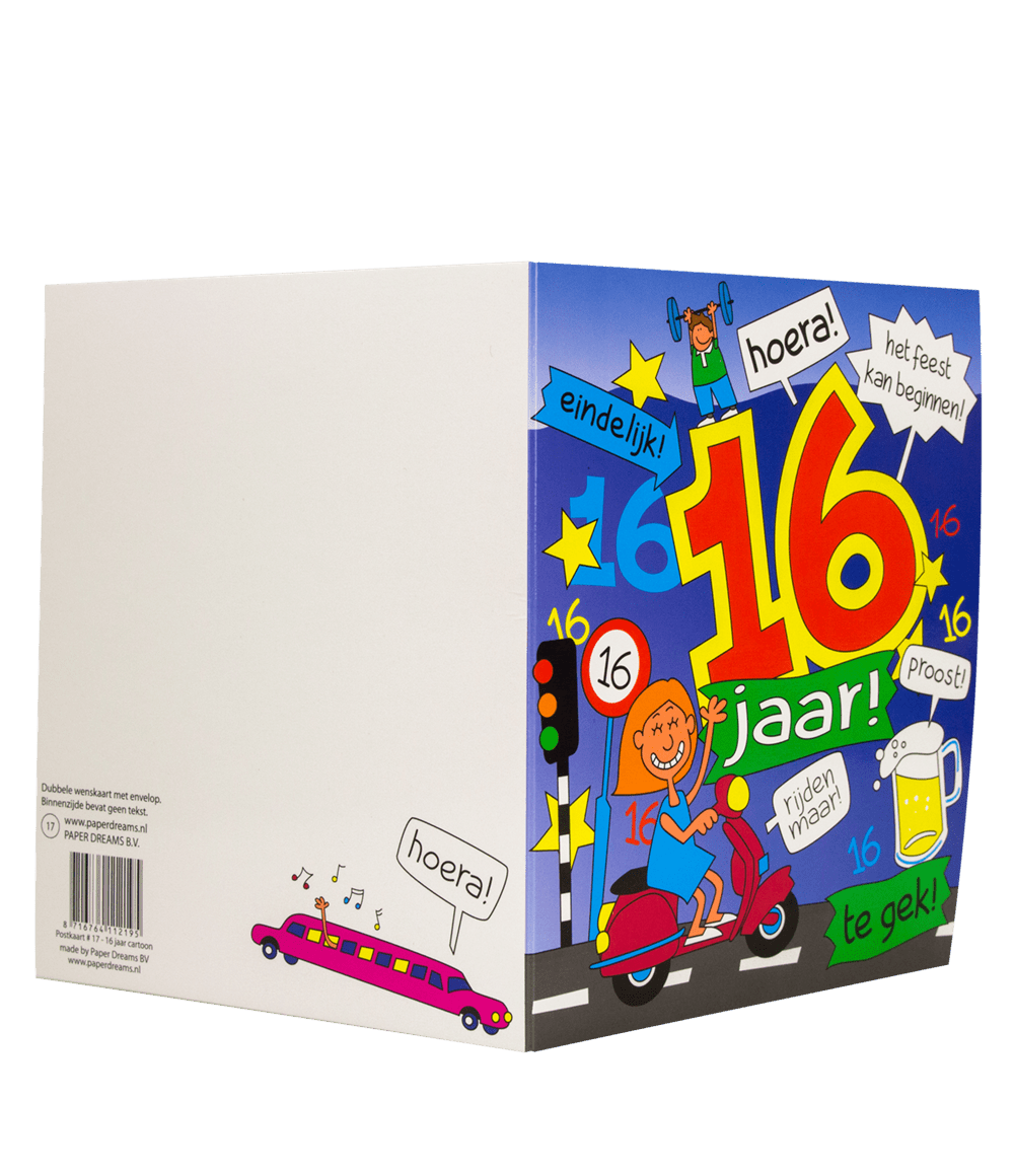 Verjaardagskaart 16 Jaar Cartoon 16,5cm