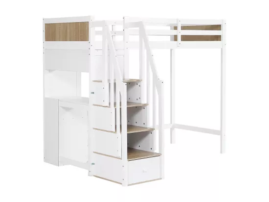 Lit superposé pour enfants 90x200cm, bureau avec 3 tiroirs, armoire à échelle 4 sections, étagères ouvertes, blanc + couleurs naturelles