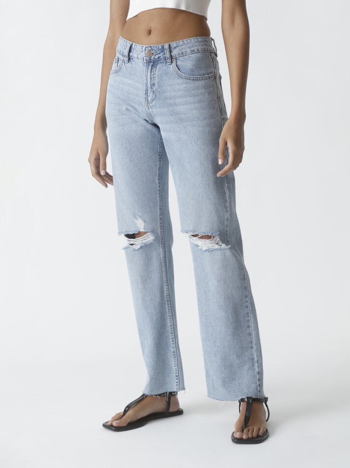 Calça jeans reta de cintura baixa com rasgos - Índigo