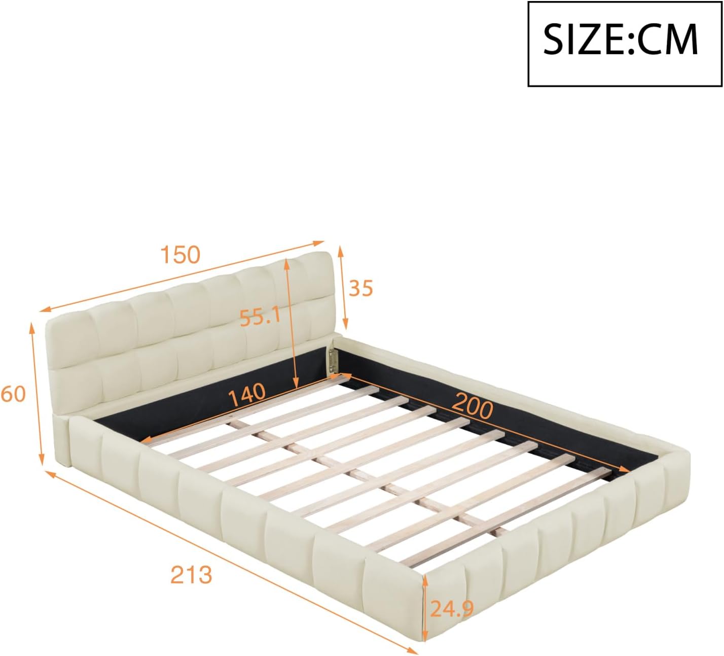 FreeWind Polsterbett 140x200 cm Bubble Bett, Doppelbett mit weicher Rückenlehne, Jugendbett mit Lattenrost, Flachbett mit Polsterumrandung, Leinen, ohne Matratze (beige)