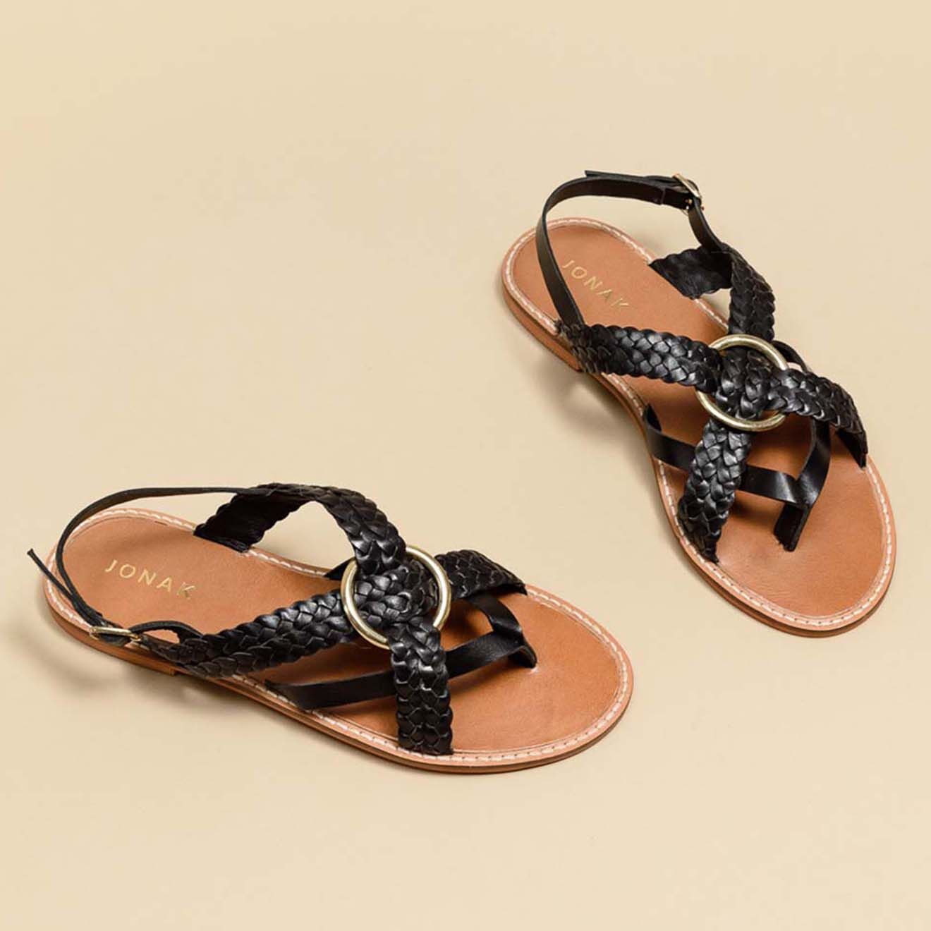 Jonak Sandales plates en Cuir Wood noires
