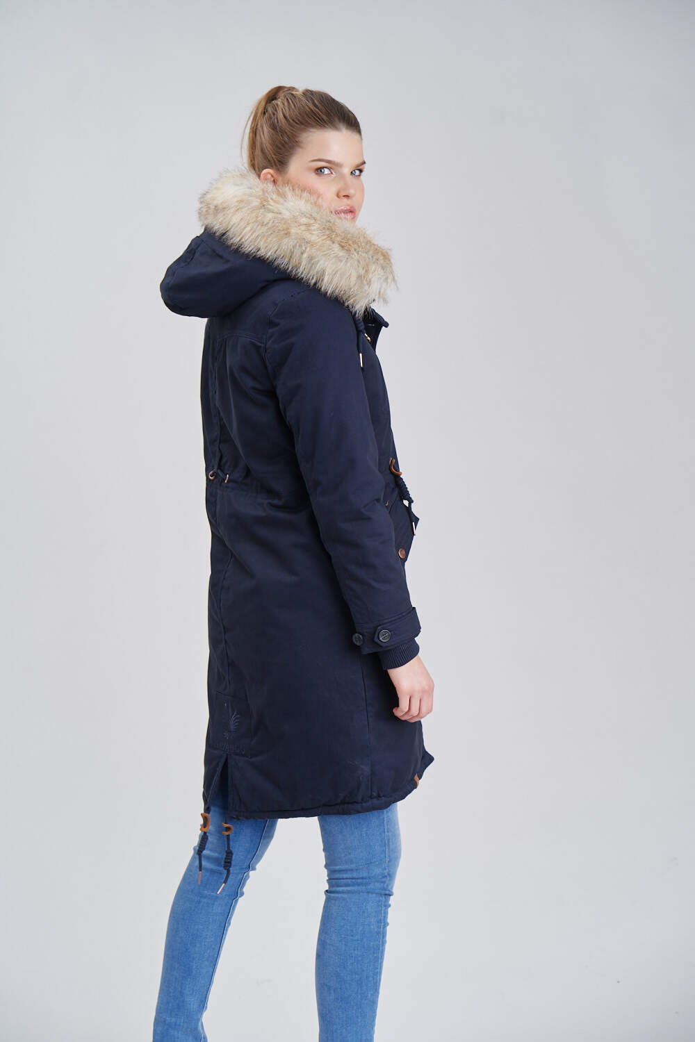 NAVAHOO Damen Designer Langer Wintermantel Parka mit Kunstfell-Kapuze Kin-Joo