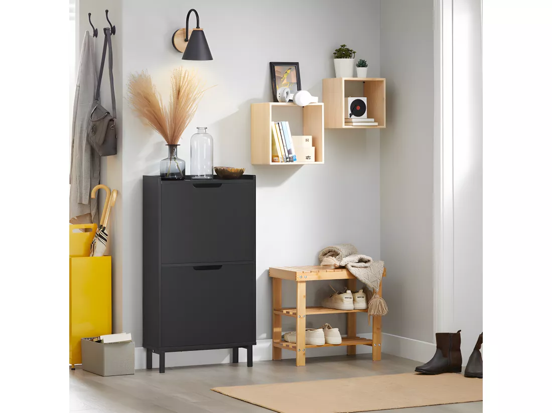 SoBuy Meuble à Chaussures Meuble de Rangement à Chaussures avec 2 Abattants Armoire à Chaussures Commode à Chaussures Meuble d'Entrée Rangement pour Chaussures – Noir, 50x19x90 cm, FSR151-SCH