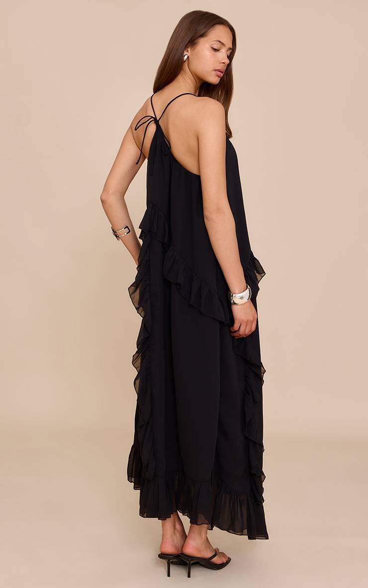 Noir Robe Longue Caraco En Mousseline À Volants