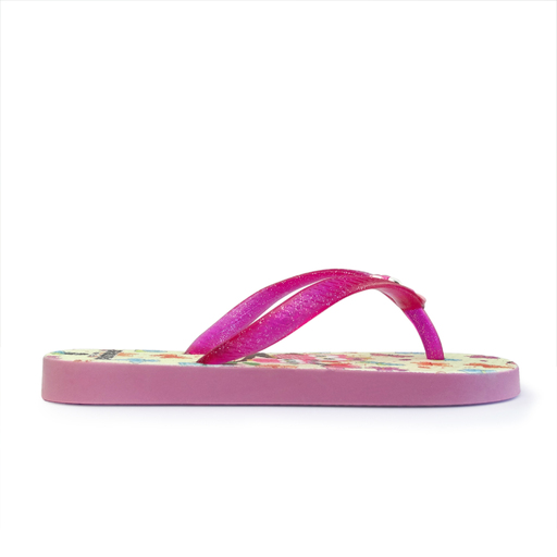 Chinelo de praia brasileiro, estampa de jardim, tamanho 20, fabricado no Brasil.
