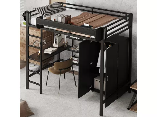 Lit mezzanine 90x200 cm - avec table - avec penderie - avec multiples rangements - avec échelle 5 marches - fer + panneaux de particules - noir (sans matelas)