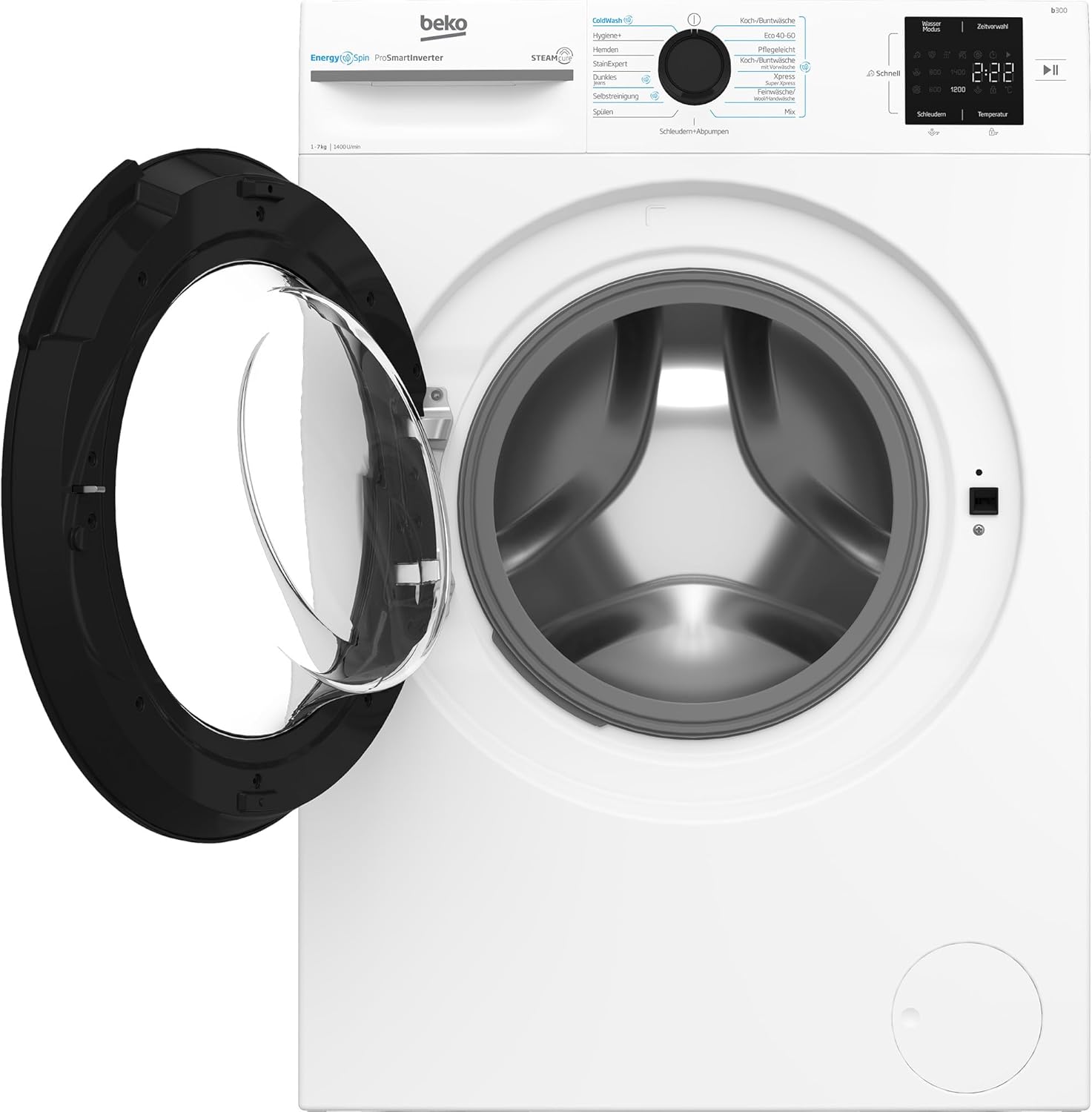 Beko BM3WFU3741X freistehende Waschmaschine, Waschvollautomat, 7 kg, EnergySpin, Schleuderwahl 1400 U/min, Dampffunktion, Hygiene+ allergikergeeignet, Coldwash Wasser-& Zeitersparnis, Weiß
