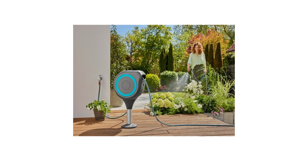 GARDENAPatio slangbox RollUp slanghaspel  (Grijs/turquoise, 20 meter, incl. reinigingsspuit)