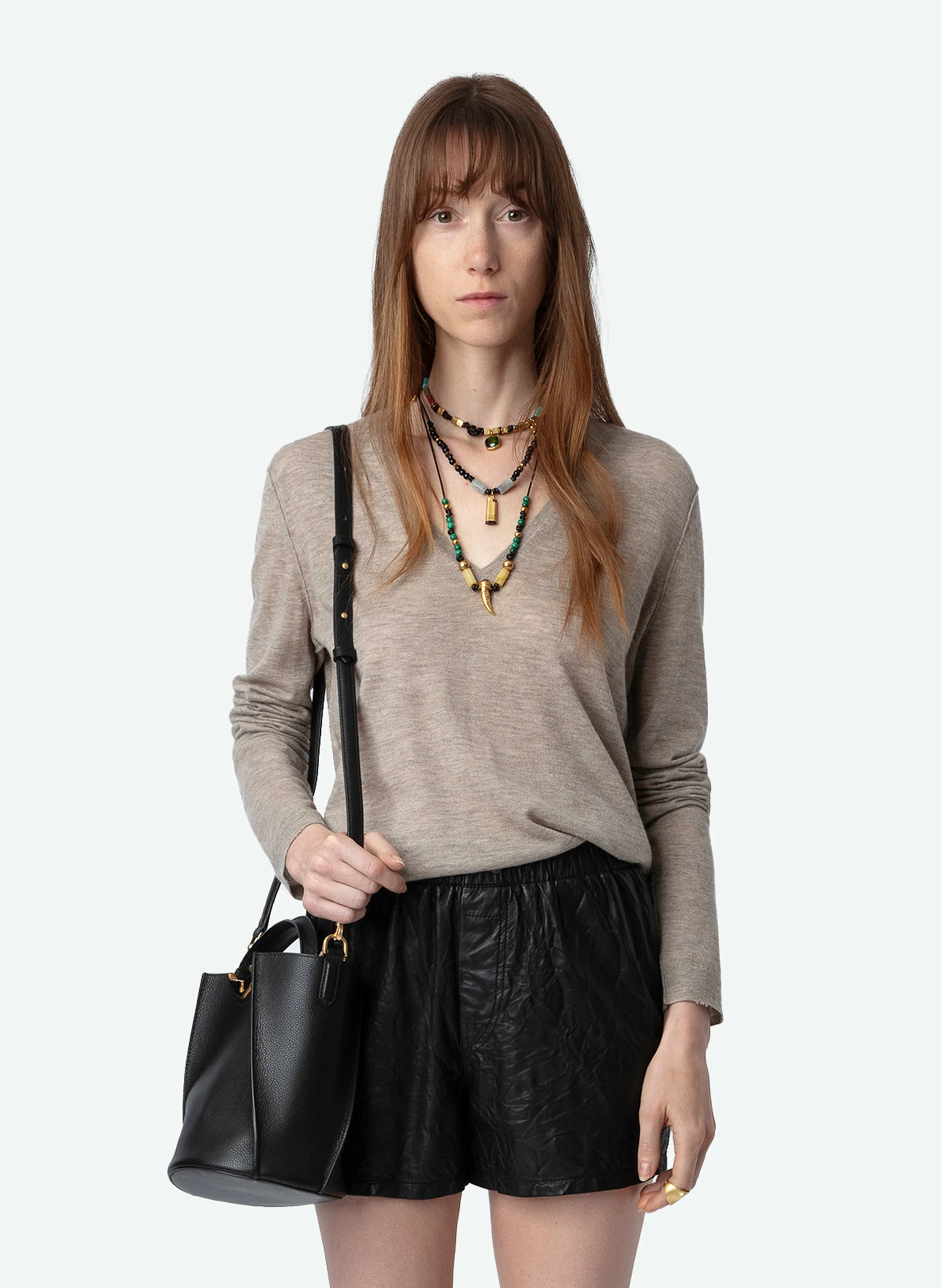 RIVY - Pull droit col V en cachemire | Beige