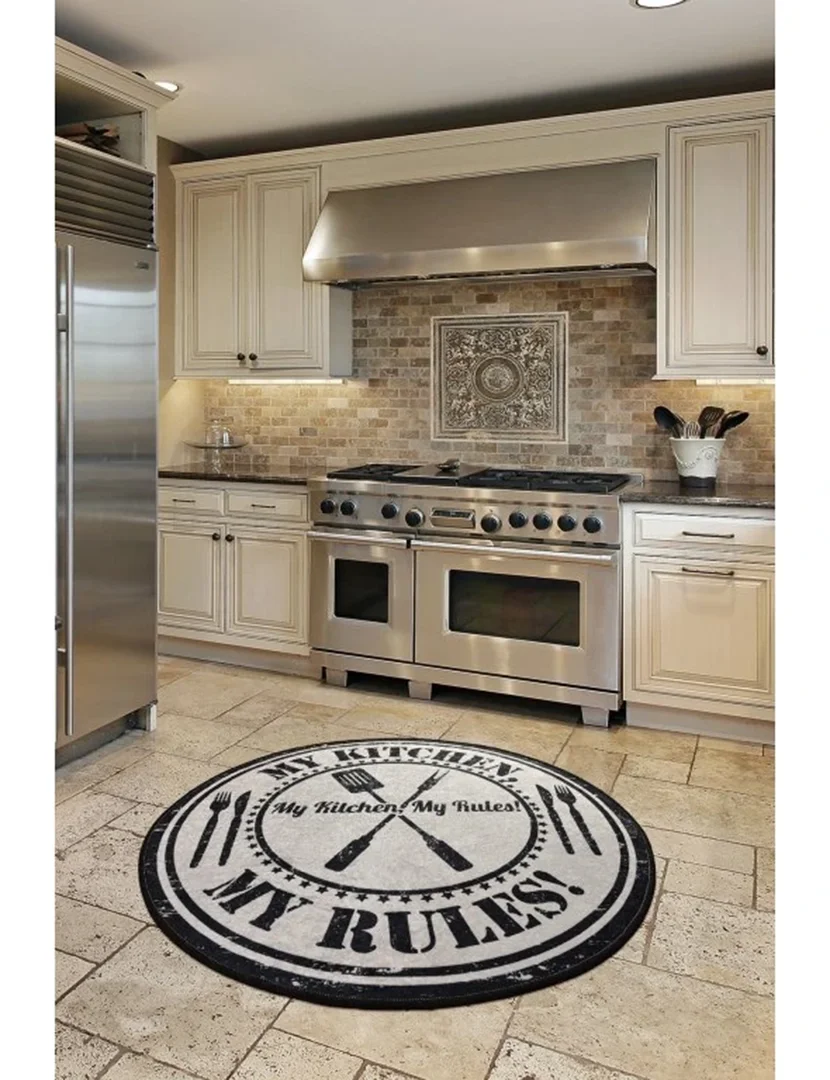 My Kitchen My Rules Round Rug 140cm White and Black