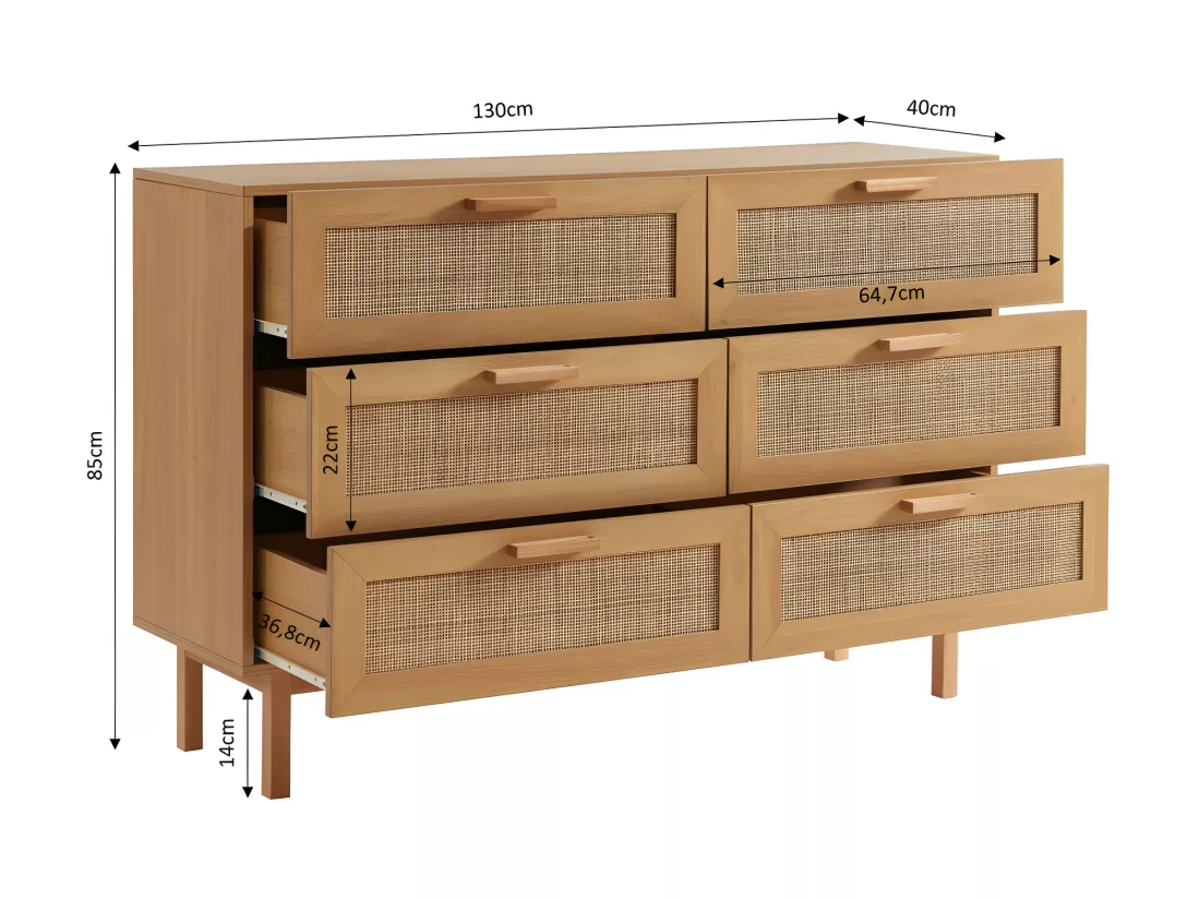 June - Commode 6 tiroirs en bois et cannage L130cm - Bois clair