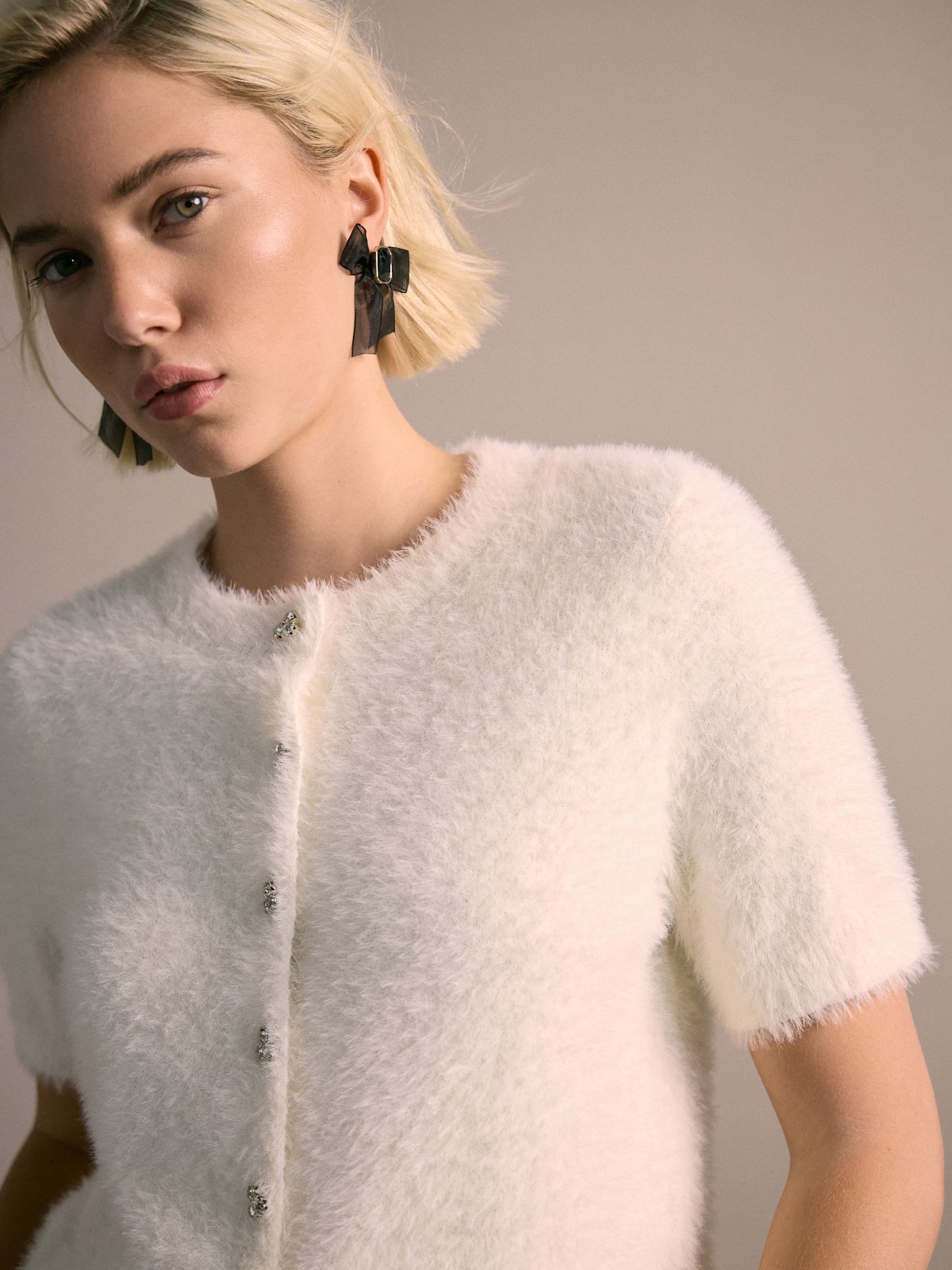 Ecru - Gem Button Textured Short Sleeve Cardigan