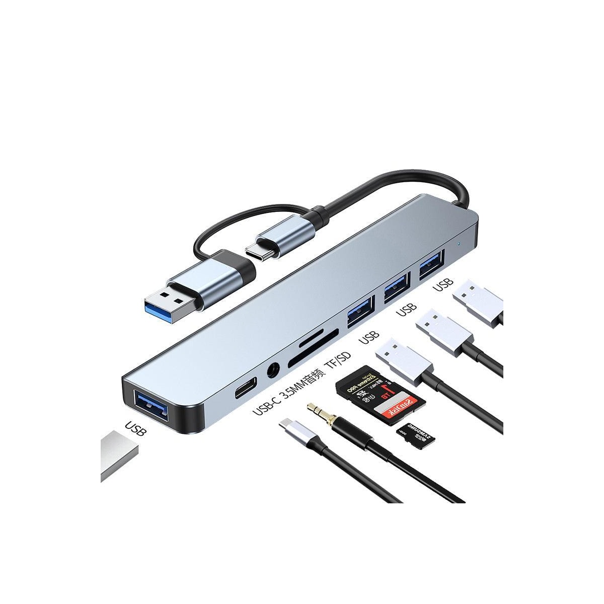 NÖRDIC USB Hub 8 porter 3xUSB-A 2.0 1xUSB-A 3.0 1xUSB-C 3.1 1xSD 1xmicroSD 1xAudio