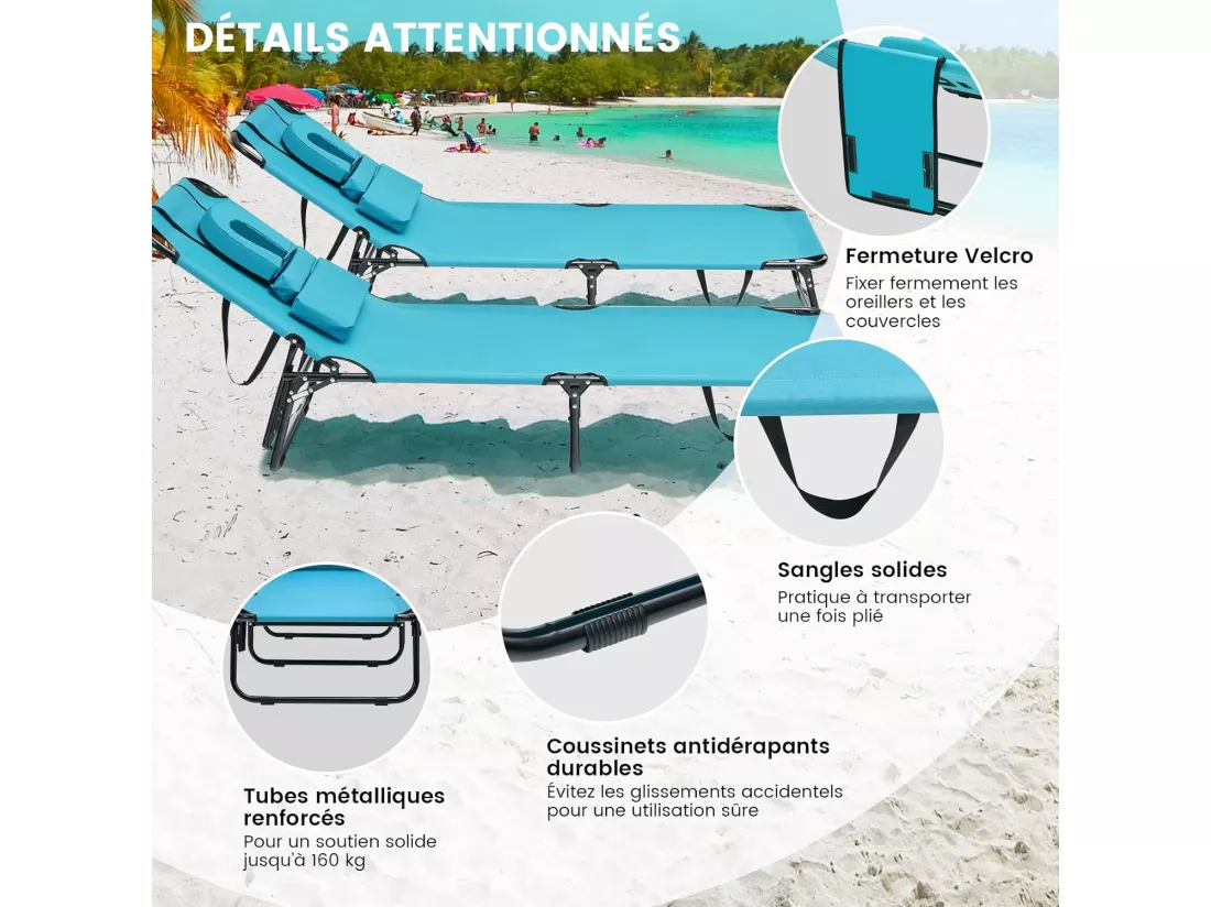 Chaise Longue Pliante Réglable à 5 Positions avec Trou pour Visage, Bain de Soleil en Tissu et velours Oxford 3 Coussins Amovibles Charge 160KG, pour Piscine Plage Cour CamBoisg (Turquoise)