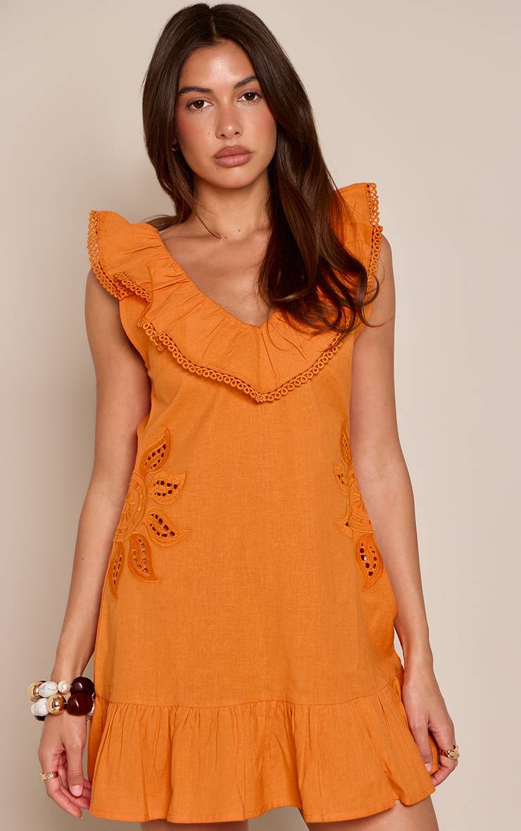 Orange Robe Droite À Volants Aspect Lin