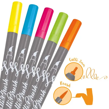 ONLINE Set Calli.Brush, 5 Double-Tip Pens, Pinselspitze und Kalligrafie-Spitze, Neon