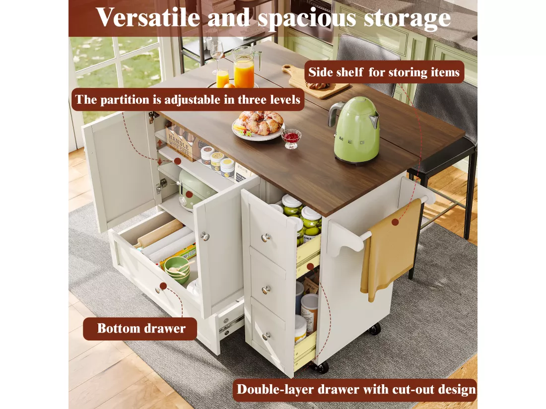 Ilot central de cuisine mobile avec 2 portes, 3 tiroirs et porte-serviettes - Plateau extensible - 128x46/71x92.5 cm - MDF - Blanc + marron