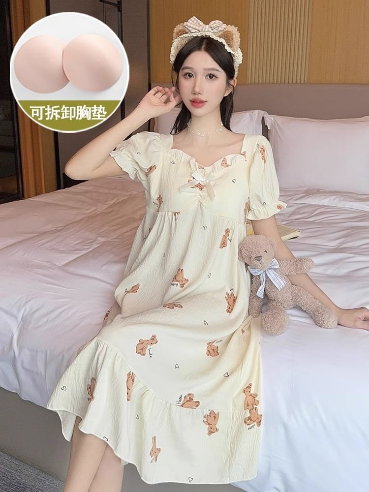 Dazzli - Midi-pyjamajurk met pofmouwen, V-hals, cartoonprint, strikaccent en volantrand