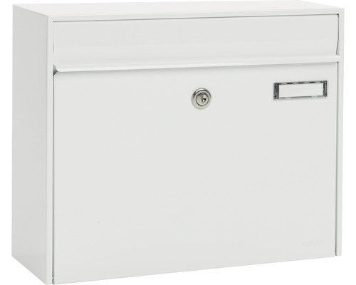MEFA brievenbus, gepoedercoat staal, BxHxD 385/310/137 mm, Vals 101, verkeerswit RAL 9016, glanzend, frontuitname met klep, naamplaatje