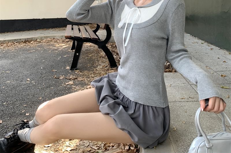 Allinya - Mock tweedelig Henley top met lange mouwen en tweekleurige strik en geribbelde breisels
