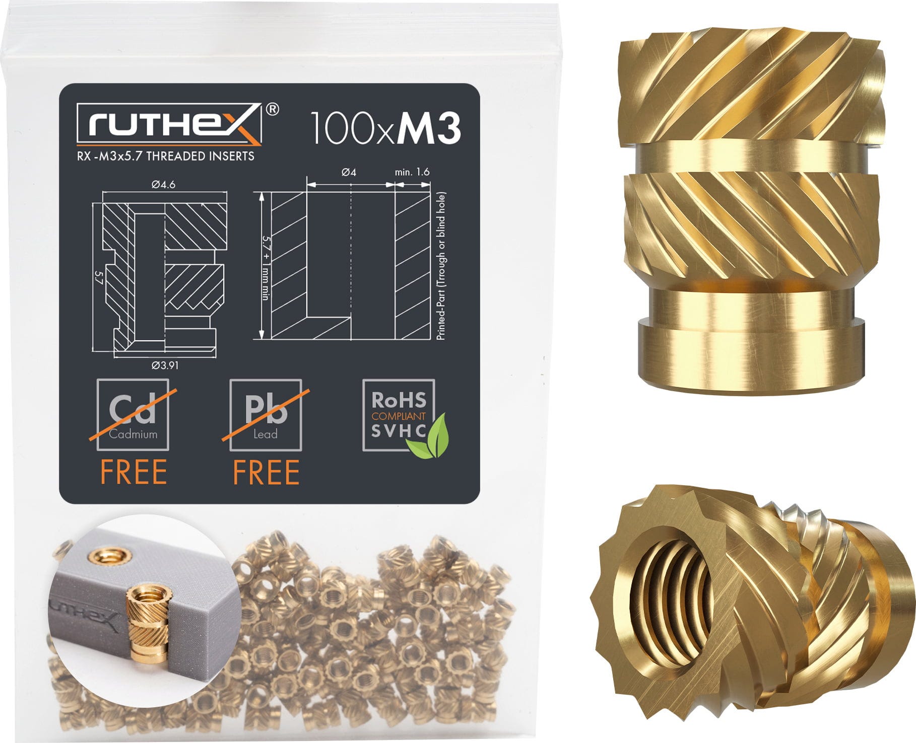 ruthex  Gewindeeinsatz M3 (100 Stück), M3x5,7    Hochwertige Gewindebuchsen aus Messing