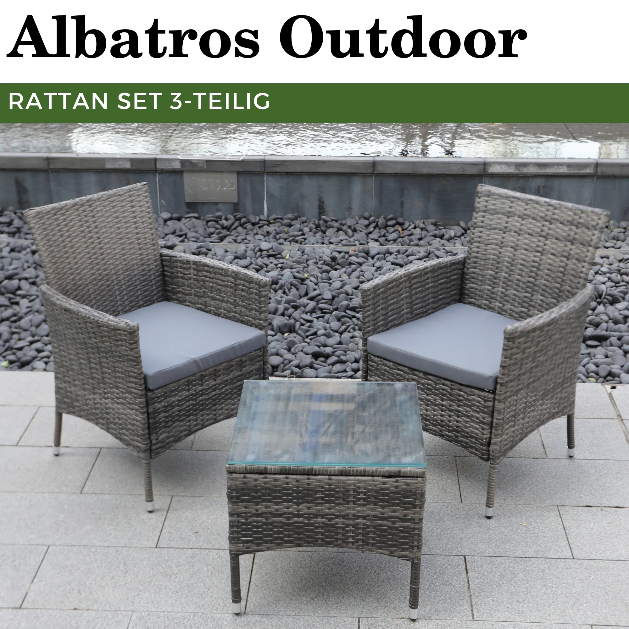 Albatros Balkonmöbel Set 3 teilig, Rattan Polyrattan, 2 Sessel mit Tisch, Lounge Set Balkon Gartenlounge Gartenmöbel Sitzgruppe mit Kissen und Glastisch, für Garten Terrasse Outdoor