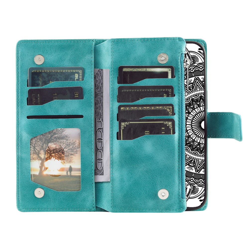 Samsung Galaxy A54 5G Leder Tasche Flip Cover mit Reissverschluss - Mandala Flowers Imprint - Türkis