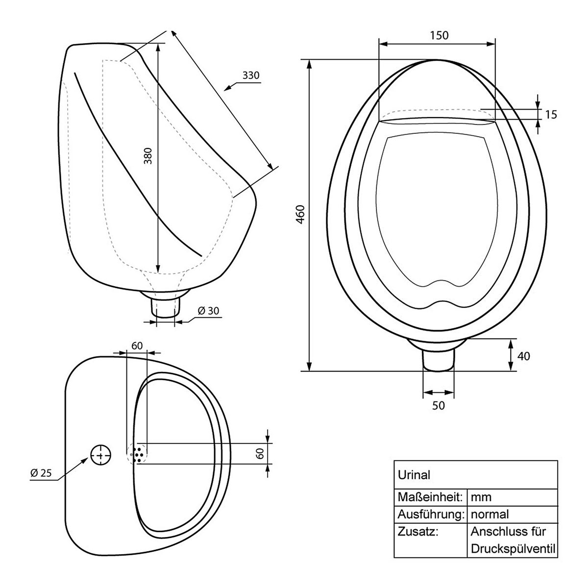 ECD Germany Urinoir, boveninlaat, wit, hoogwaardig keramisch urinoir, modern design, 35 x 42 x 30 cm, rond, randloos, afvoer aan de achterkant, toileturinoir, zuigurinoirbak