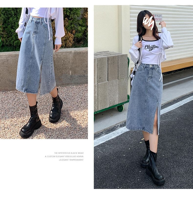 Denimot - A-lijn denim midi-rok met hoge taille en split aan de voorkant