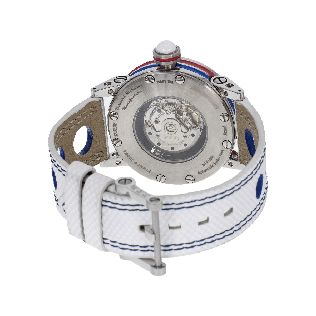 Montre d'occasion BRM GF7-38 homme automatique acier bracelet cuir blanc